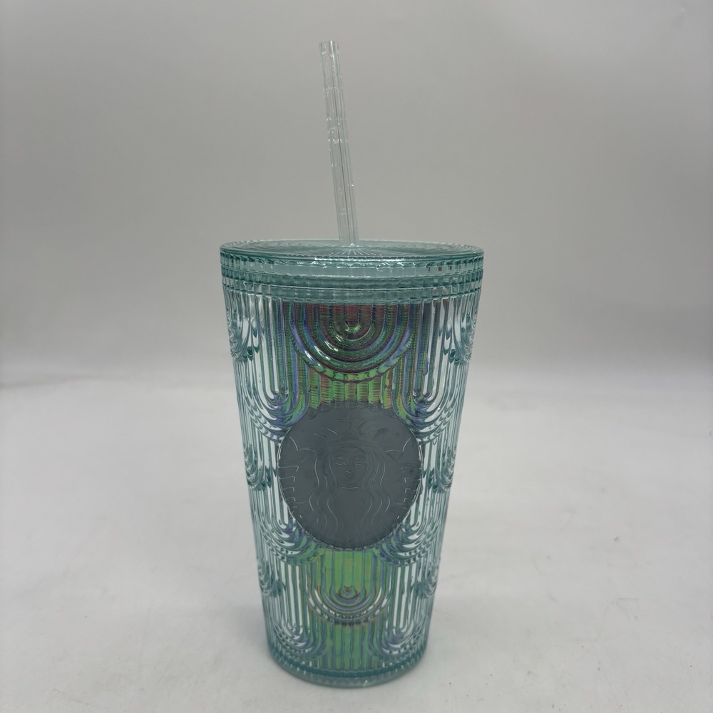 Starbucks Spring '22 Iridescent Aqua Mermaid Scale Siren Cold Cup 16 Oz w/ Straw